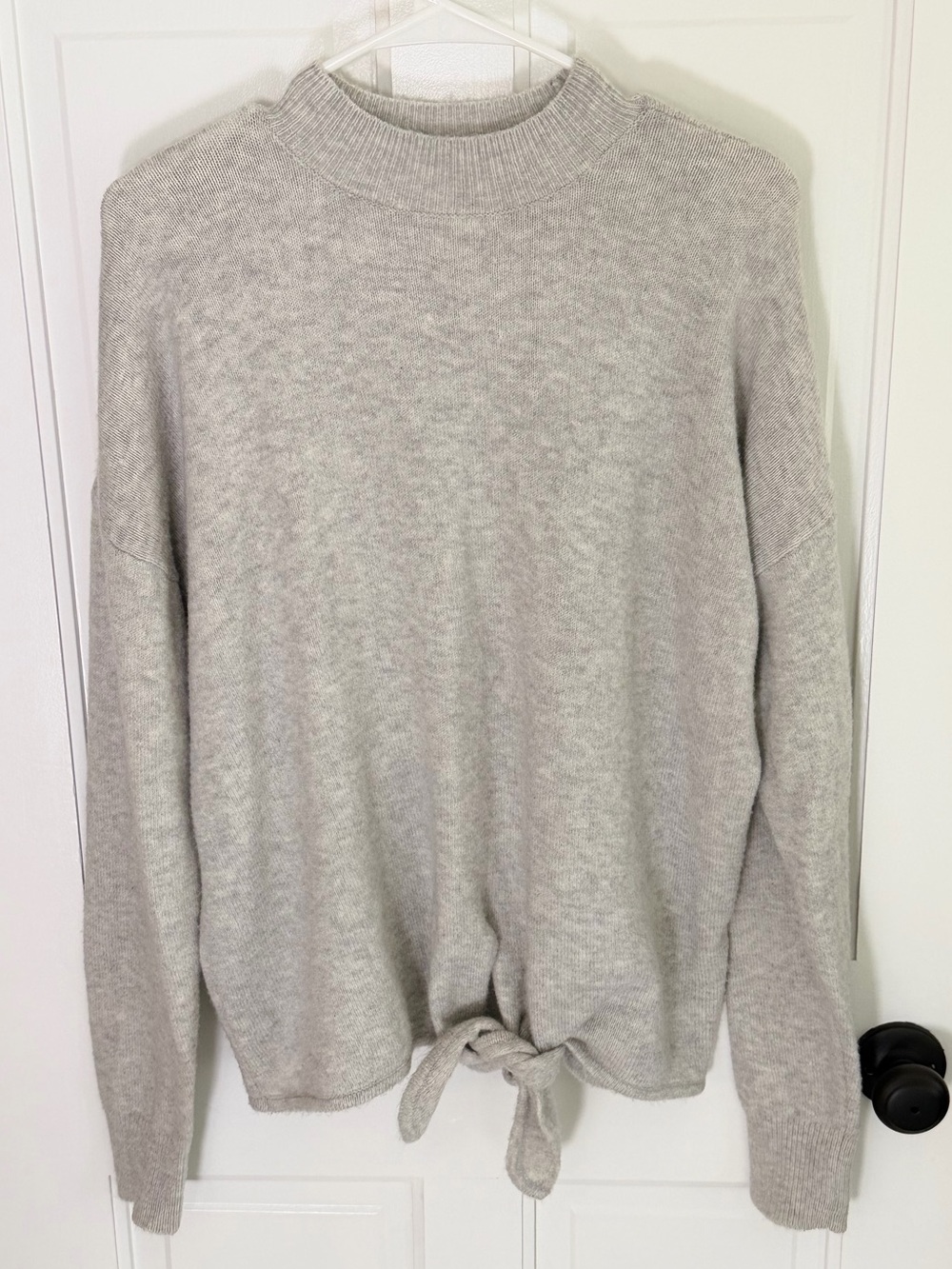 LOFT Gray Wool Blend Tie Front Mock Neck Sweater Large Relaxed Knit Pullover